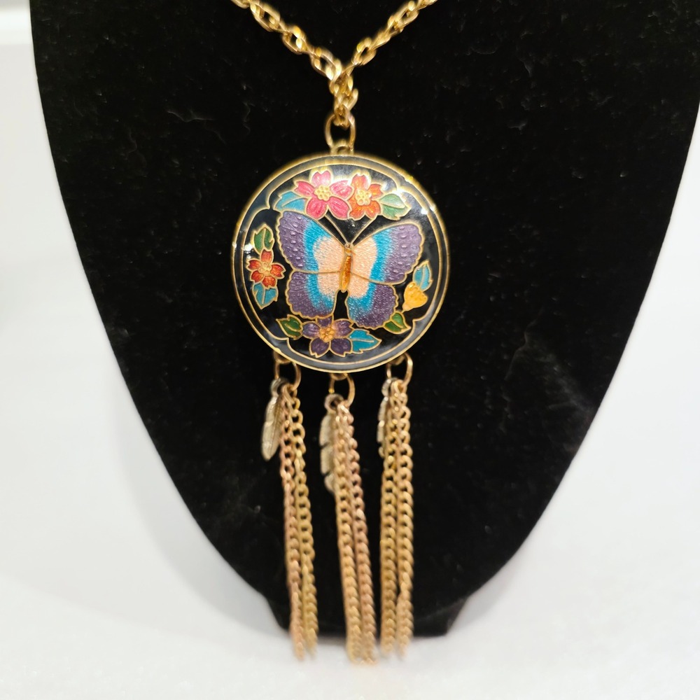 Vintage Cloisonne‎ Butterfly Enamel Pendant Tassel Chain Necklace Dreamcatcher